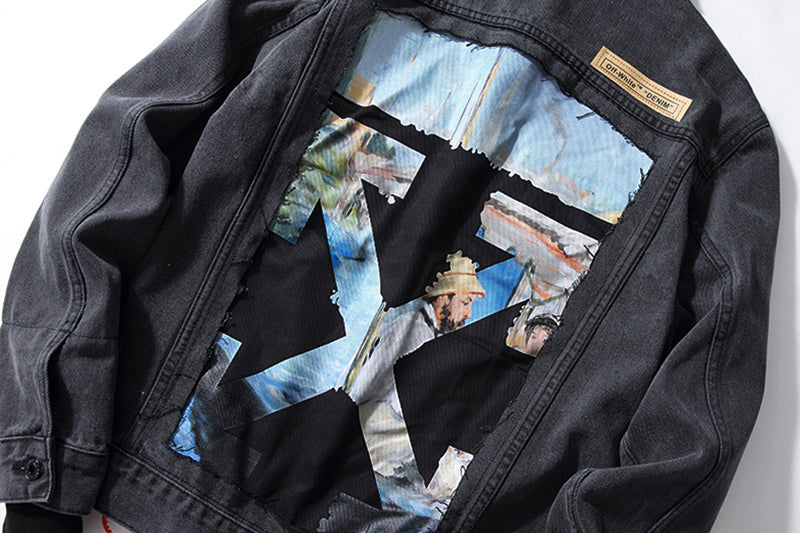 Off-White Destruction Oil Painting Graffiti Arrow Denim Jacket – Loose Sporty Fit