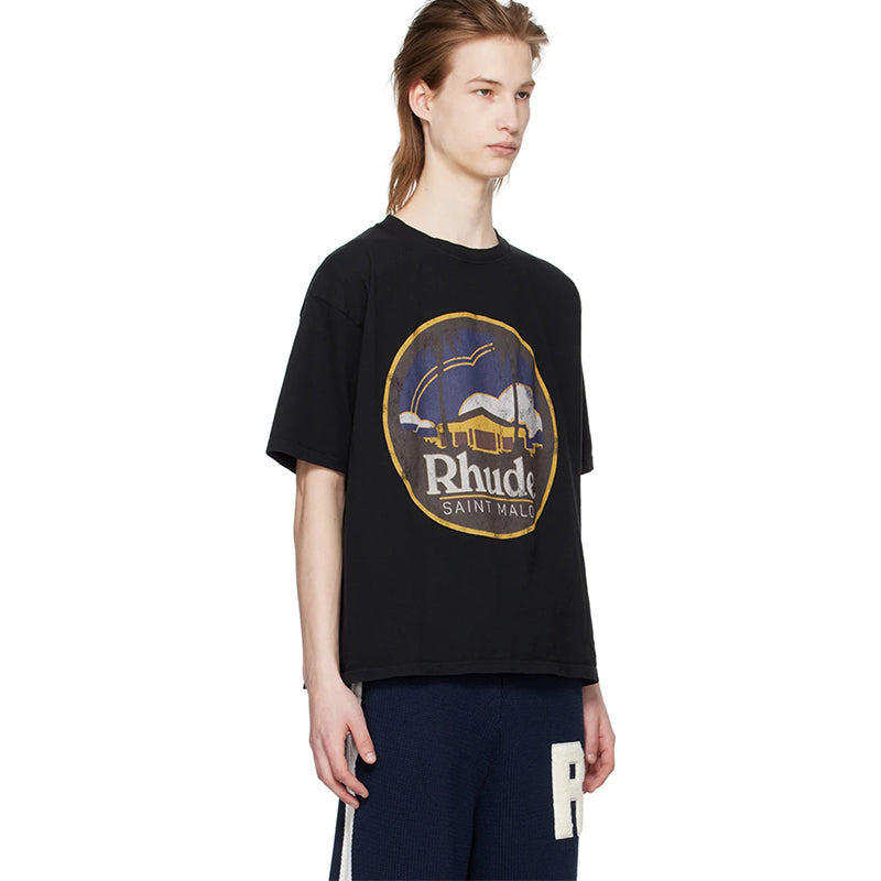 RHUDE Saint Malo Castle Graphic T-Shirt – Apricot / Black / White