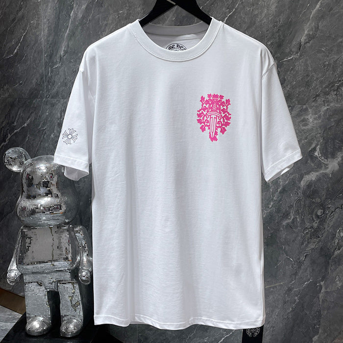 Chrome Hearts Pink Fleur Cross Gothic Repeat Text Tee – White / Black