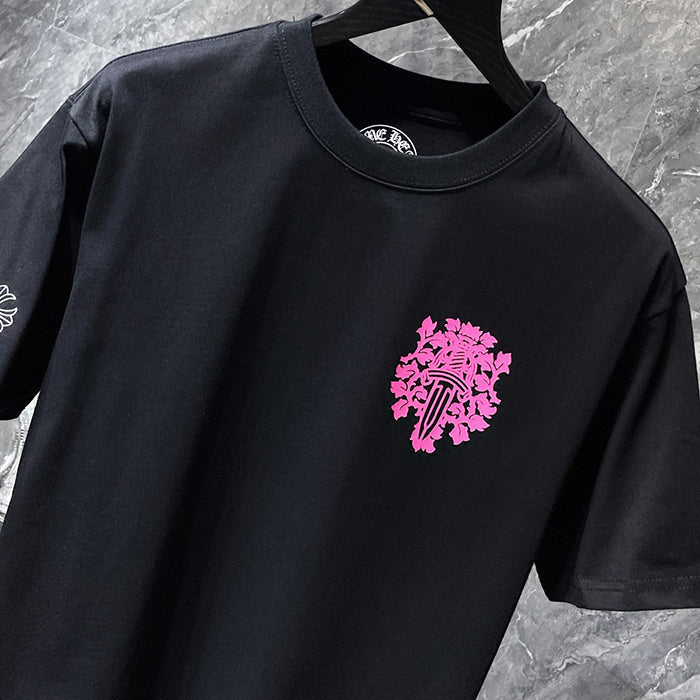 Chrome Hearts Pink Fleur Cross Gothic Repeat Text Tee – White / Black