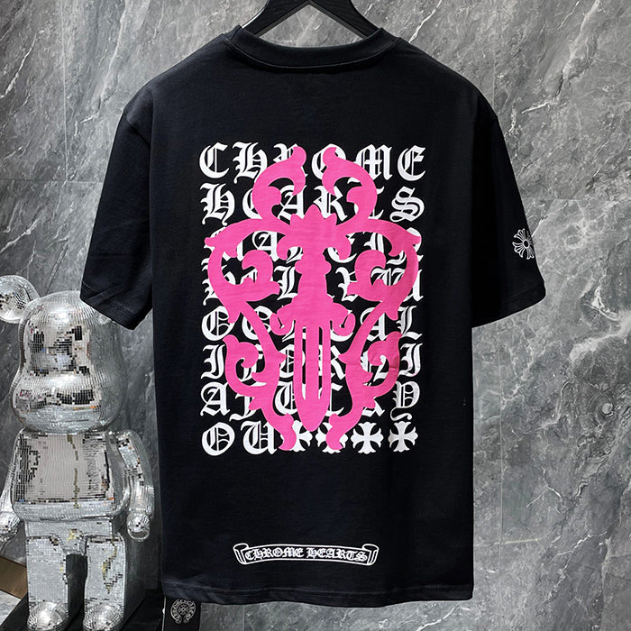 Chrome Hearts Pink Fleur Cross Gothic Repeat Text Tee – White / Black