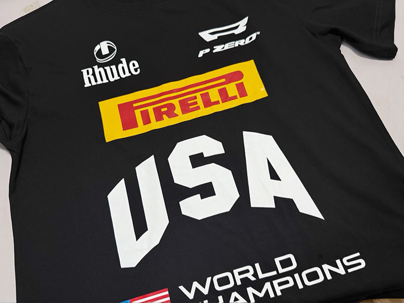 RHUDE Pirelli USA World Champions Tee – Black / Beige