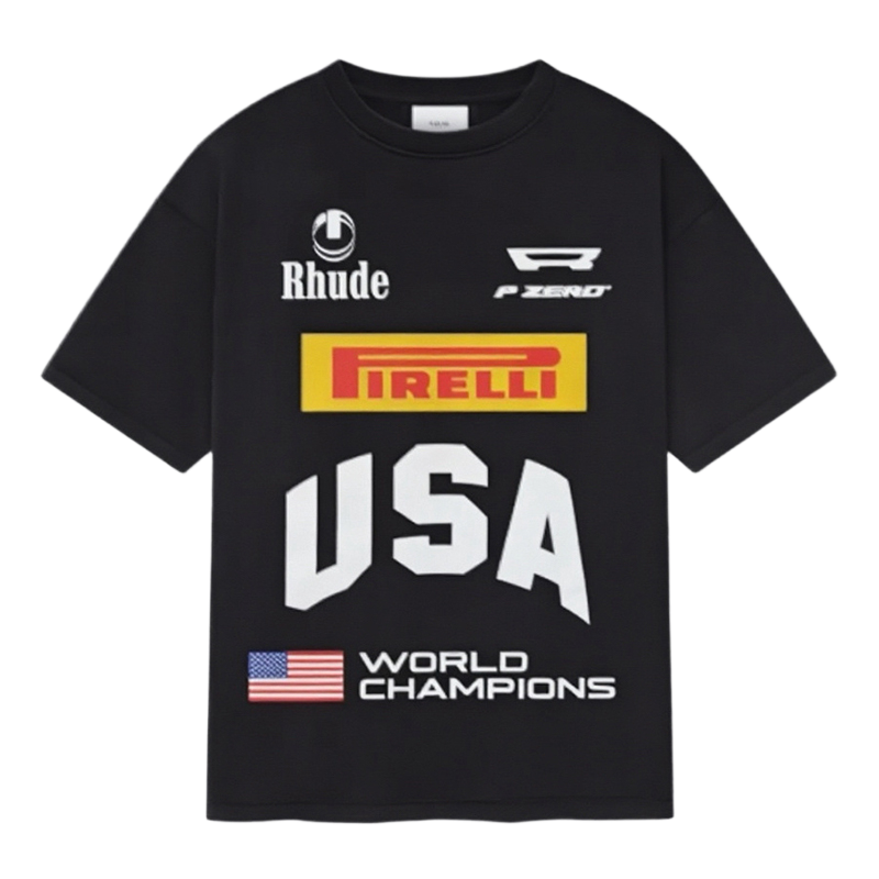 RHUDE Pirelli USA World Champions Tee – Black / Beige