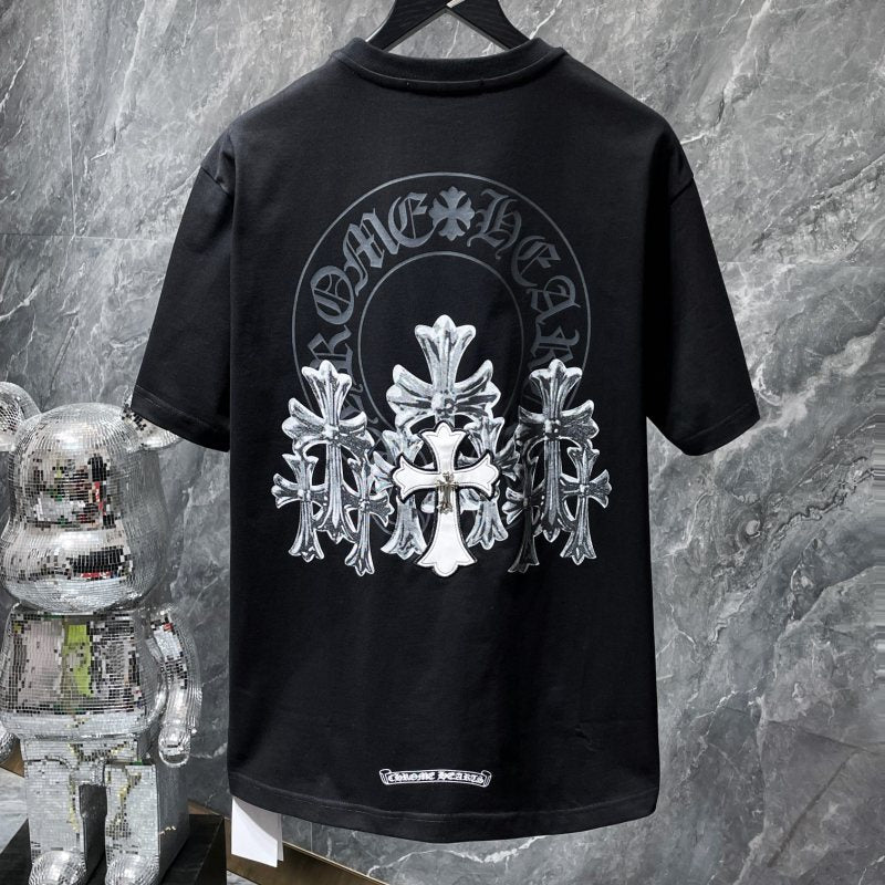 Chrome Hearts Triple Cross 3D Silver Metallic Print Tee – Black / White