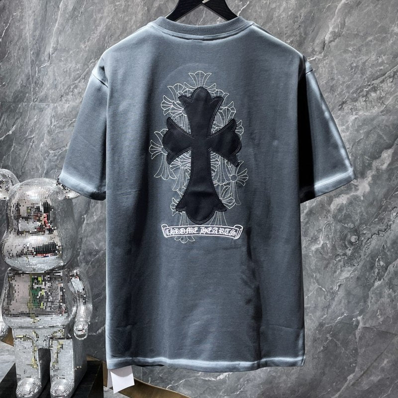 Chrome Hearts Crystal Rhinestone Cross Embroidered Tee – Black / Grey
