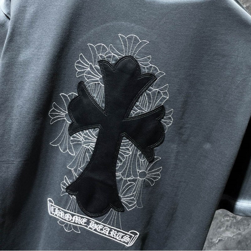 Chrome Hearts Crystal Rhinestone Cross Embroidered Tee – Black / Grey