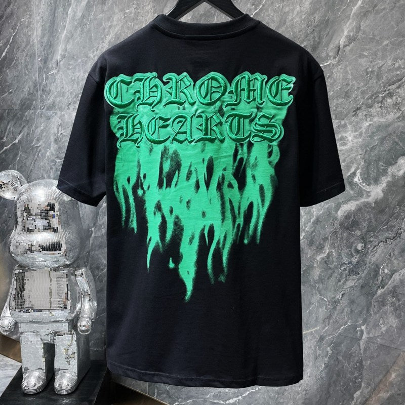 Chrome Hearts Green Gothic Flame Drip Graphic Tee – Black / White