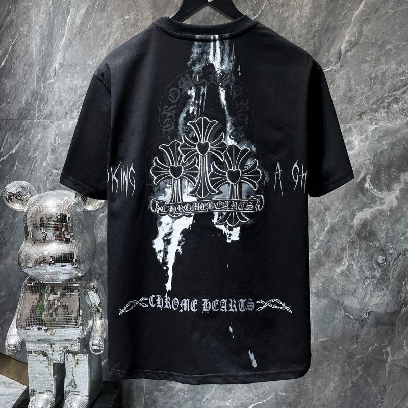 Chrome Hearts Paint Splash Heart Fleur Cross Graphic Tee – Black / White