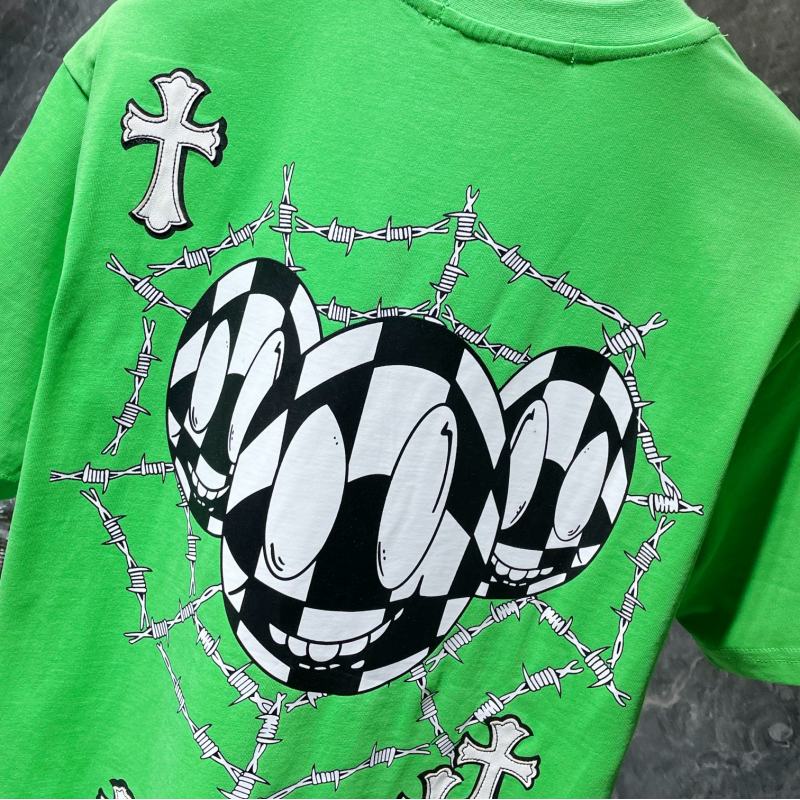 Chrome Hearts Checkered Smiley Barbed Wire Cross Graphic Tee – Green