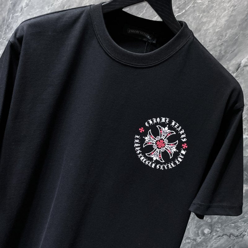Chrome Hearts Red Rose Cross Medallion Gothic Circle Tee – Black / White