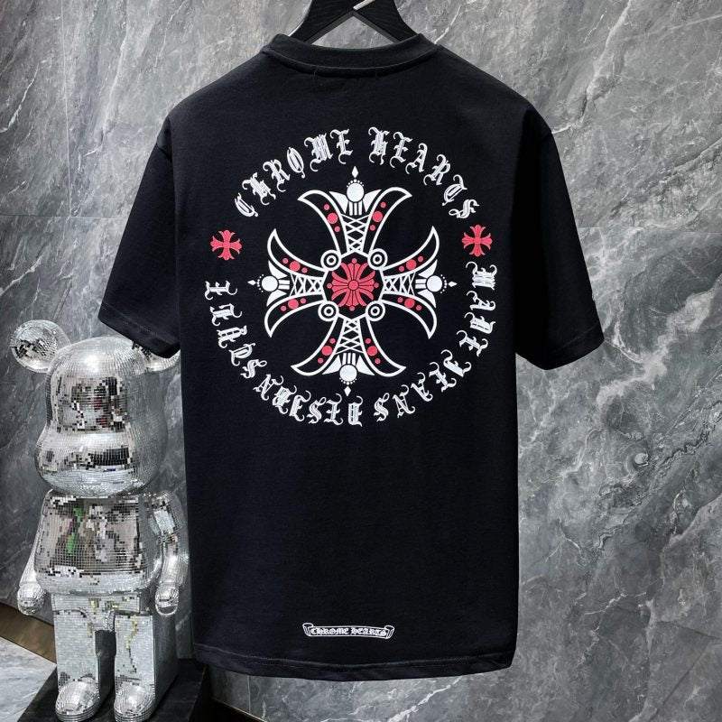 Chrome Hearts Red Rose Cross Medallion Gothic Circle Tee – Black / White