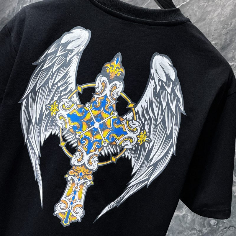 Chrome Hearts Angel Wings Ornate Cross Graphic Tee – Black / White