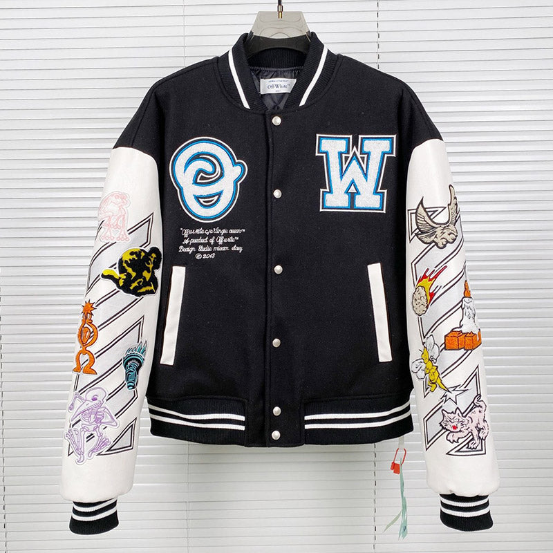 OFF WHITE Logic Patch Varsity Jacket – Loose Fit Streetwear