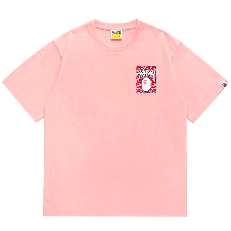 BAPE x Stussy Ape Head Tee - Red & Pink