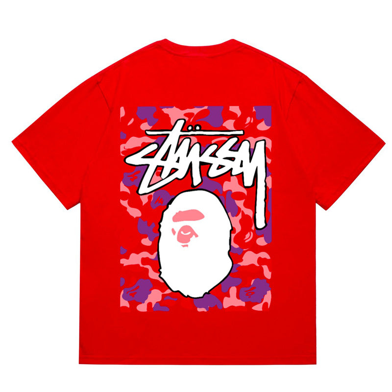 BAPE x Stussy Ape Head Tee - Red & Pink