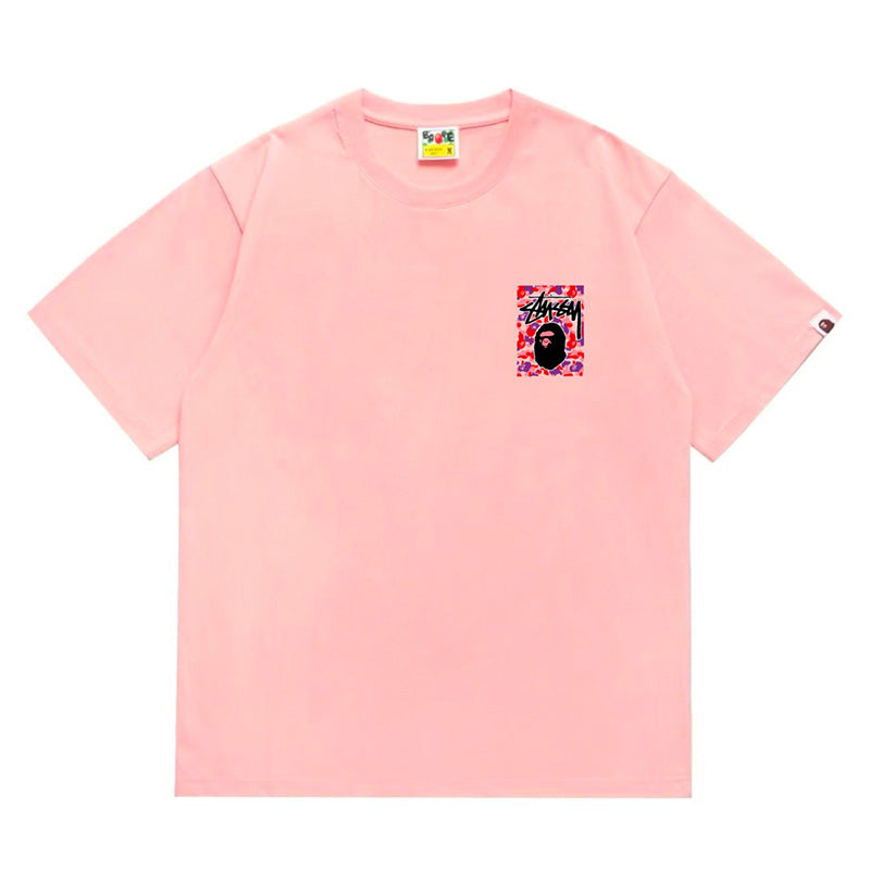 BAPE x Stussy Ape Head Tee - Pink & Red