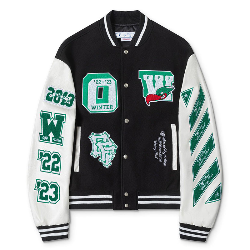 OFF WHITE Embroidered Patches Varsity Jacket – Black