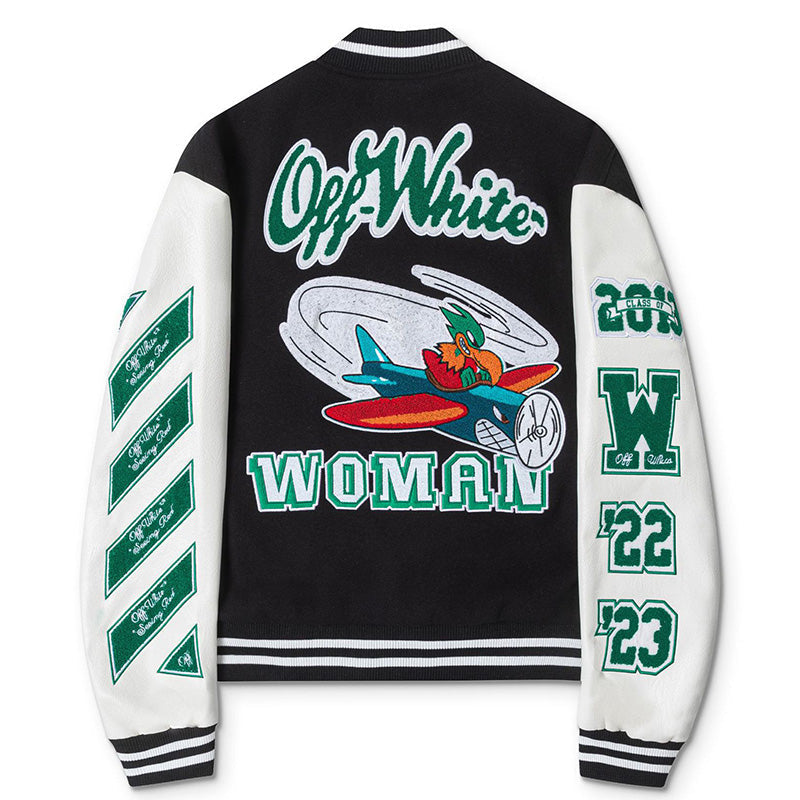 OFF WHITE Embroidered Patches Varsity Jacket – Black