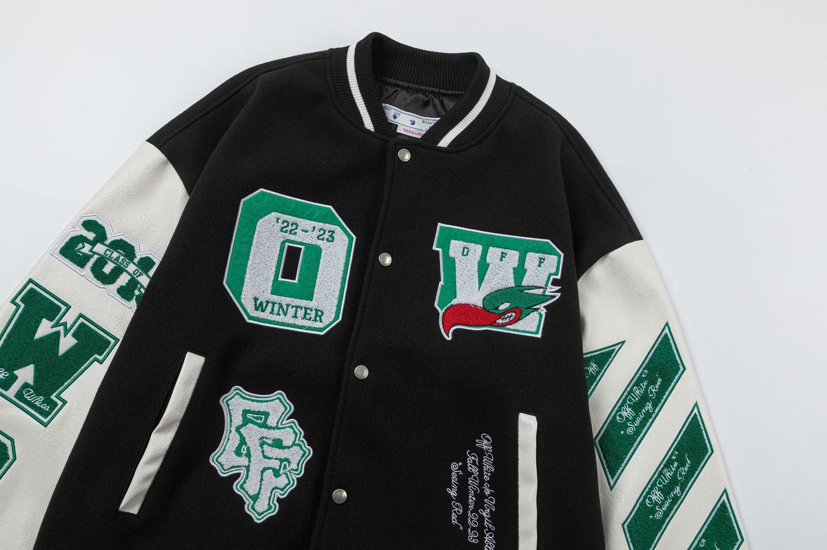OFF WHITE Embroidered Patches Varsity Jacket – Black