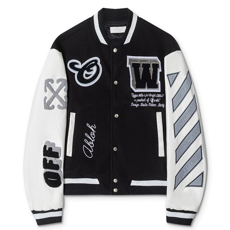 OFF WHITE Leather Wool Varsity Jacket – Black
