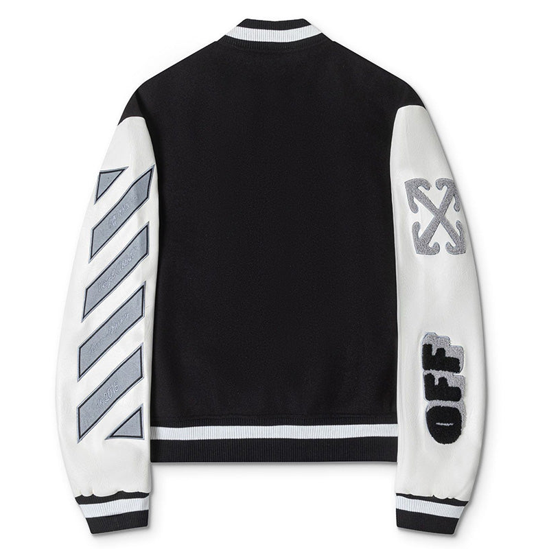 OFF WHITE Leather Wool Varsity Jacket – Black