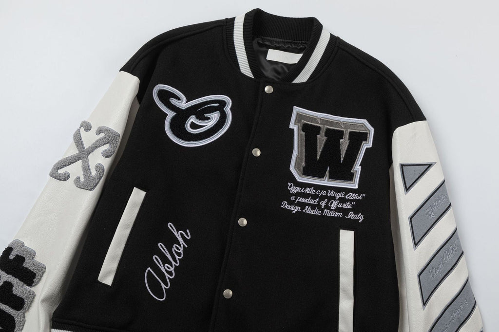 OFF WHITE Leather Wool Varsity Jacket – Black