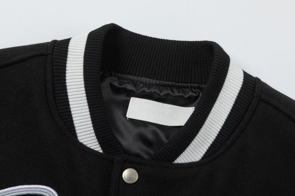 OFF WHITE Leather Wool Varsity Jacket – Black