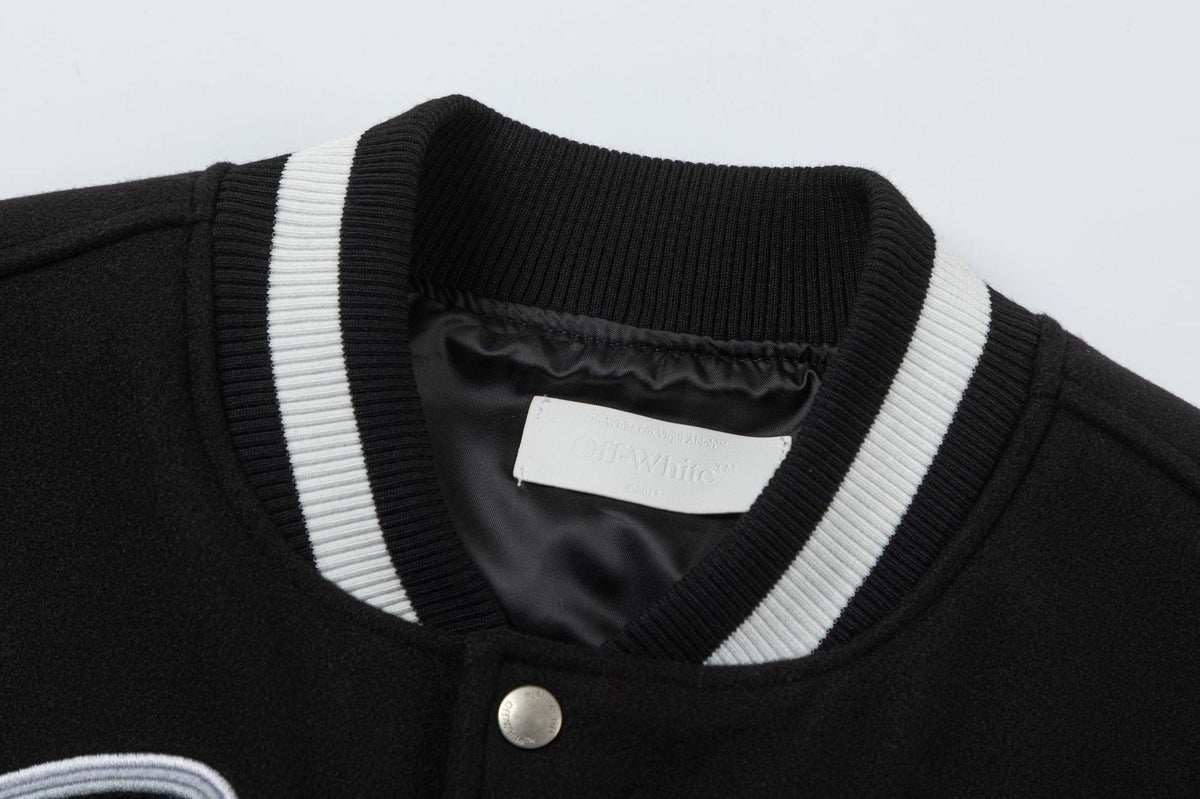 OFF WHITE Leather Wool Varsity Jacket – Black