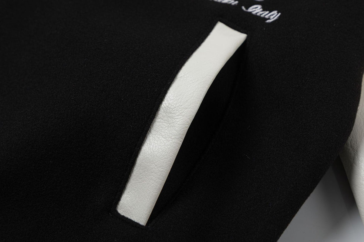 OFF WHITE Leather Wool Varsity Jacket – Black