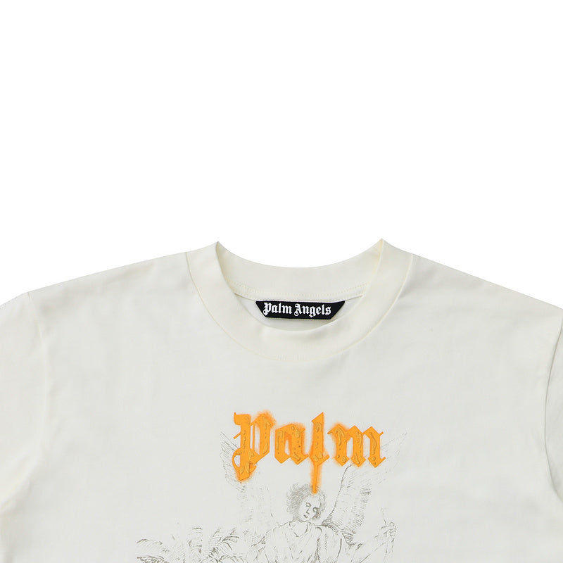 Palm Angels Gold Gothic Logo Angel Statue Graphic T-Shirt