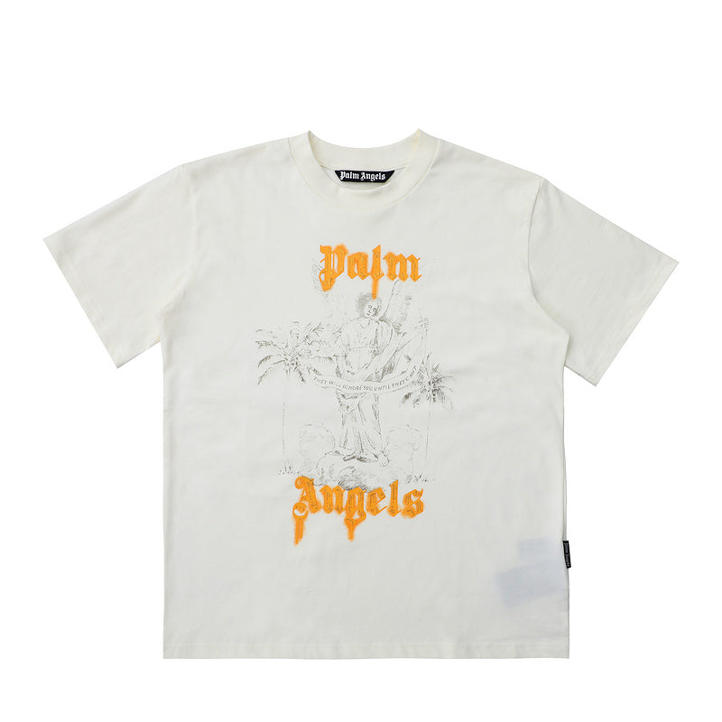 Palm Angels Gold Gothic Logo Angel Statue Graphic T-Shirt
