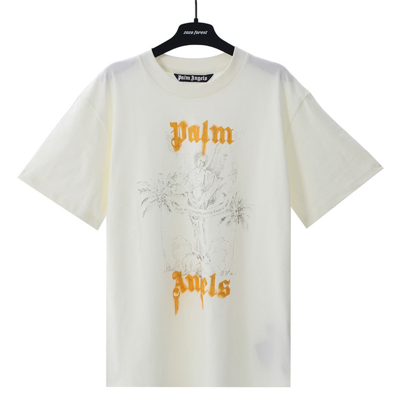Palm Angels Gold Gothic Logo Angel Statue Graphic T-Shirt