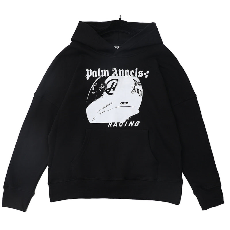 Palm Angels Racing Helmet Print Hoodie – Black Men's Graphic Cotton Hoodie