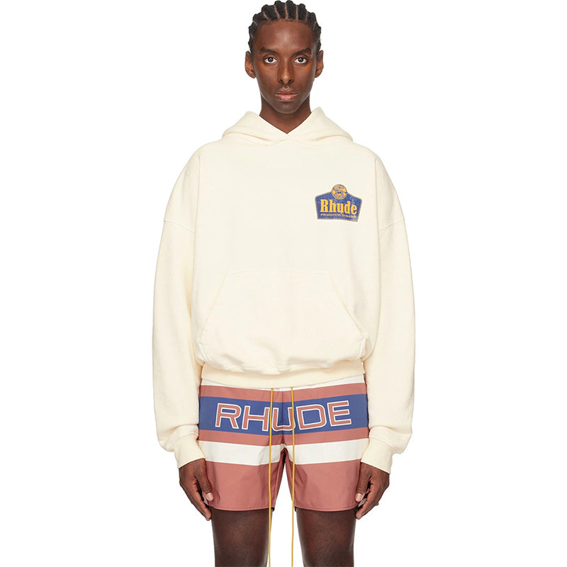 RHUDE Premium Brand Chest Patch Logo Hoodie – Retro White