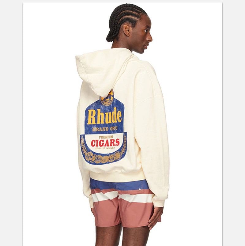 RHUDE Premium Brand Chest Patch Logo Hoodie – Retro White