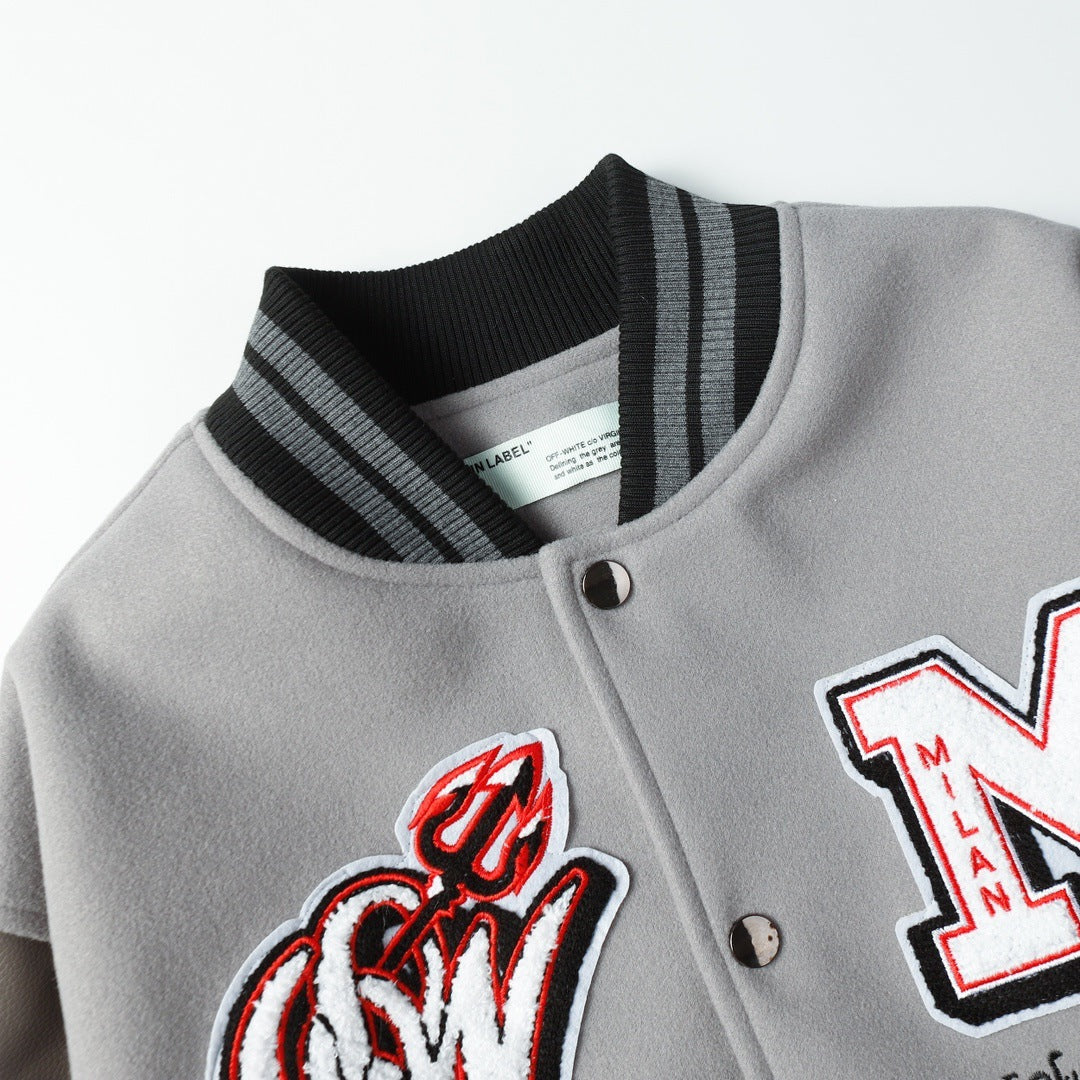 OFF WHITE Embroidered Rhinestone Baseball Jacket – Down Cotton
