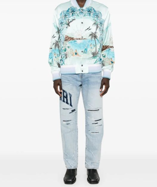 AMIRI Straight Leg Jeans – Light Blue Washed Distressed Denim