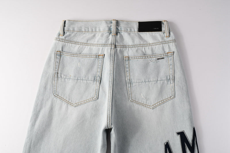 AMIRI Straight Leg Jeans – Light Blue Washed Distressed Denim