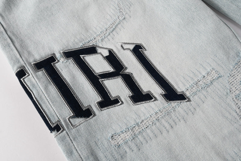 AMIRI Straight Leg Jeans – Light Blue Washed Distressed Denim