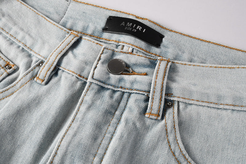 AMIRI Straight Leg Jeans – Light Blue Washed Distressed Denim