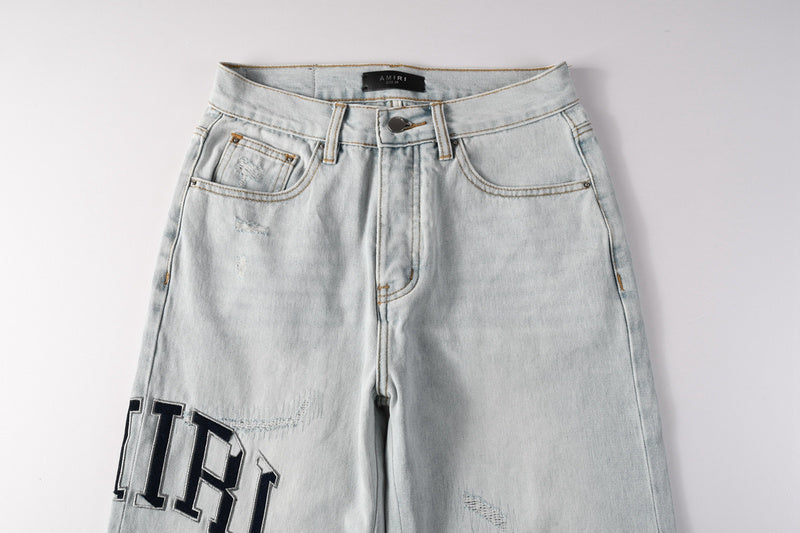 AMIRI Straight Leg Jeans – Light Blue Washed Distressed Denim