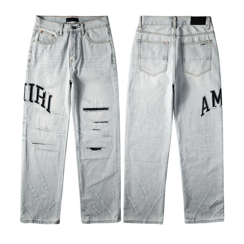 AMIRI Straight Leg Jeans – Light Blue Washed Distressed Denim
