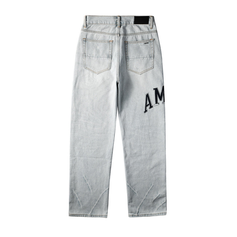 AMIRI Straight Leg Jeans – Light Blue Washed Distressed Denim