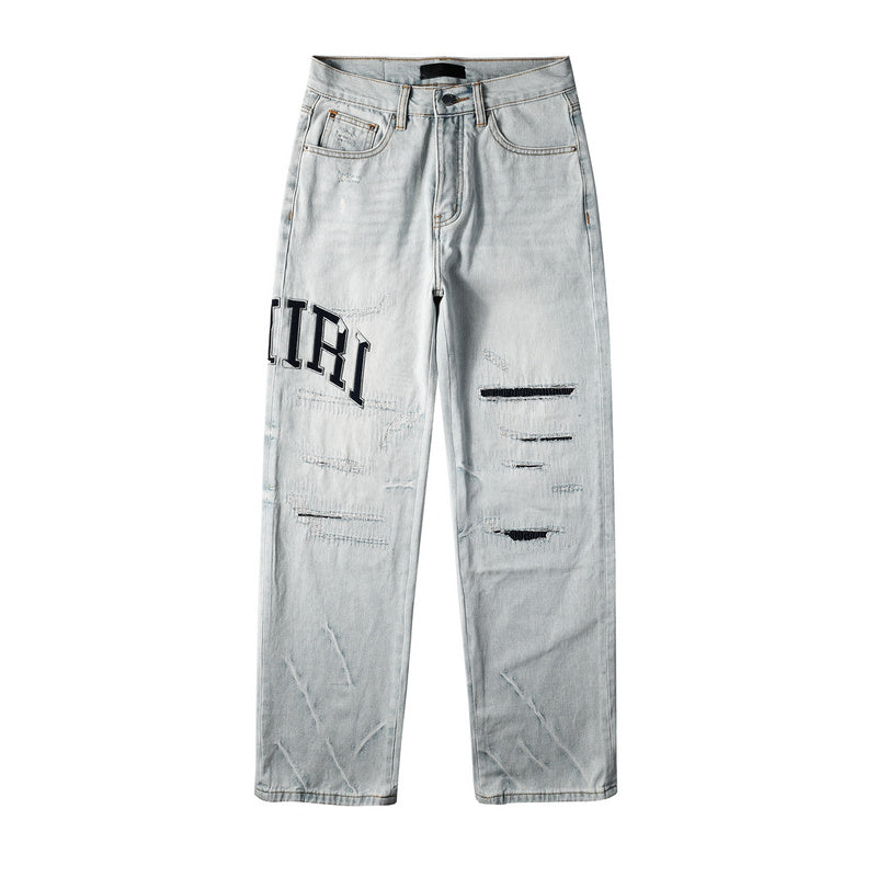 AMIRI Straight Leg Jeans – Light Blue Washed Distressed Denim