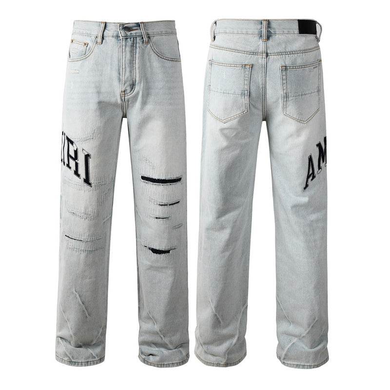 AMIRI Straight Leg Jeans – Light Blue Washed Distressed Denim