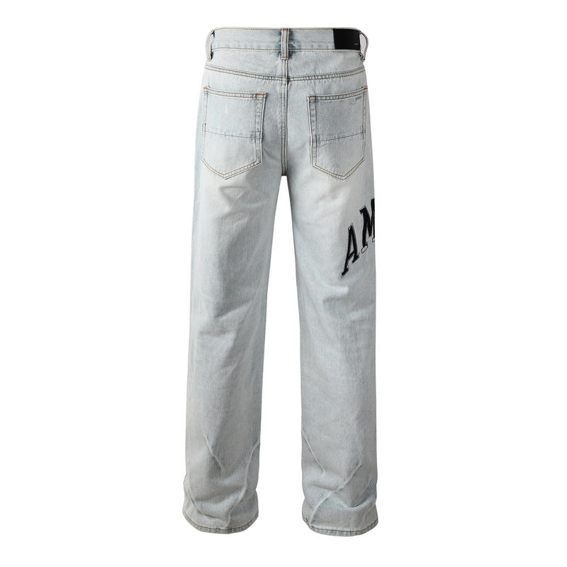 AMIRI Straight Leg Jeans – Light Blue Washed Distressed Denim