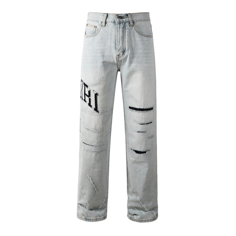 AMIRI Straight Leg Jeans – Light Blue Washed Distressed Denim