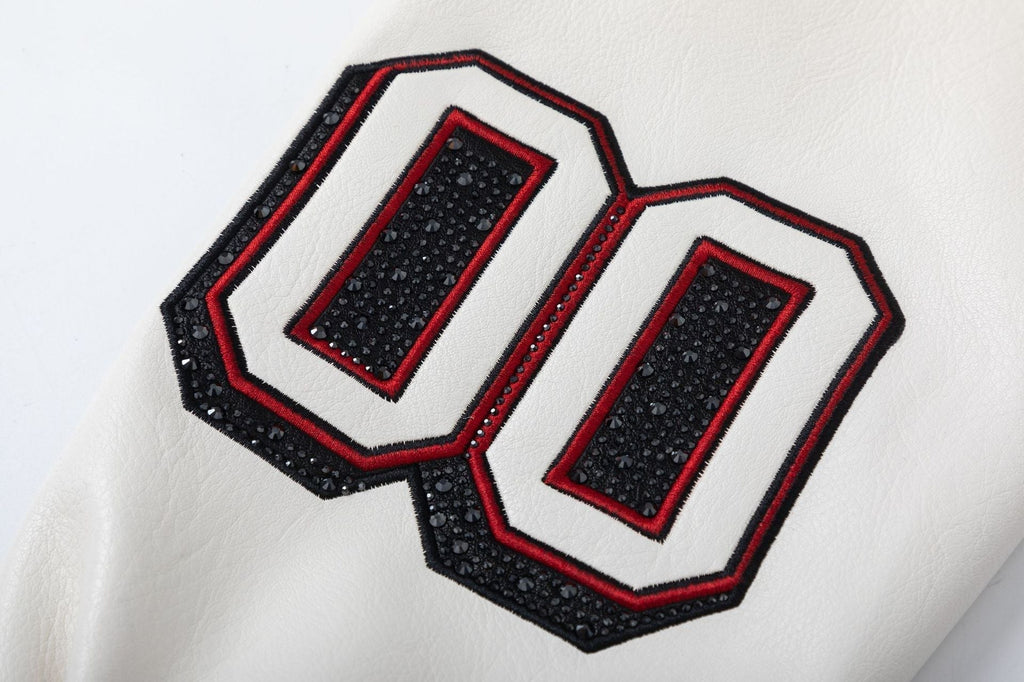 OFF WHITE Crystal Full Leather Varsity Jacket – White