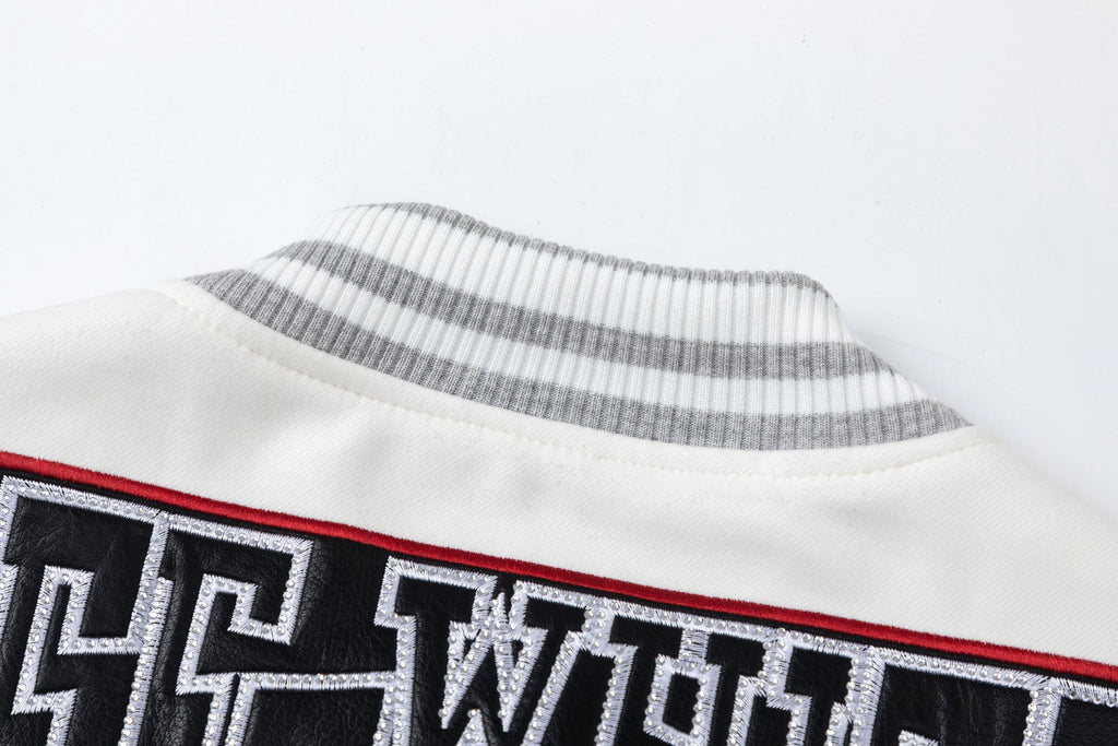 OFF WHITE Crystal Full Leather Varsity Jacket – White