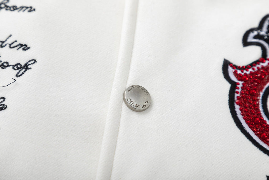 OFF WHITE Crystal Full Leather Varsity Jacket – White